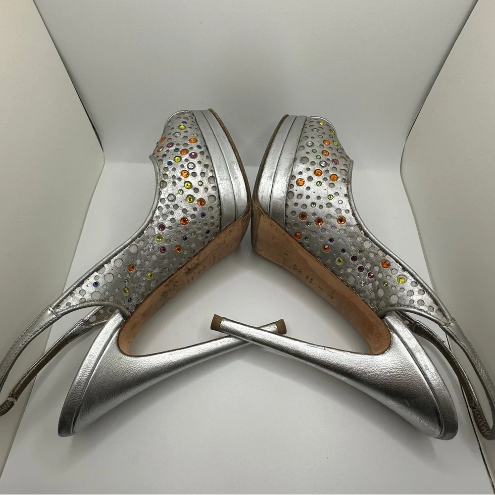 Casadei Women’s Slingback Heels‎ Womens Sandal Silver Multi Strass Size 8